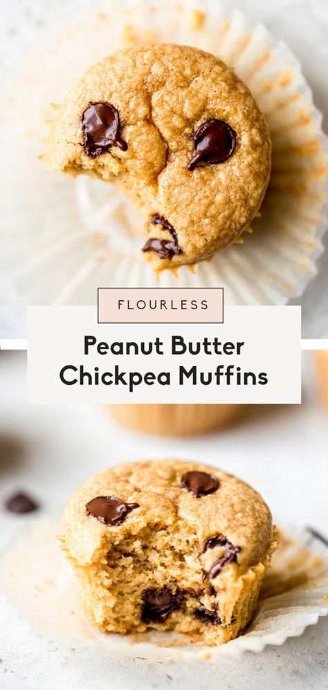 Fluffy peanut butter chickpea muffins with delicious pockets of chocolate chip in every bite. These easy protein packed muffins only require 7 simple ingredients and the batter can be made right in the blender or food processor. Easy, freezer-friendly, gluten-free, dairy-free and perfect for snack time or post workout. #muffins #glutenfree #dairyfree #healthysnack #chickpeas Chickpea Muffins, Peanut Butter Chickpea, Mickey Food, Fwtfl Recipes, Freeze Muffins, Muffins With Chocolate Chips, Muffins With Chocolate, Luteal Phase, Peanut Butter Muffins