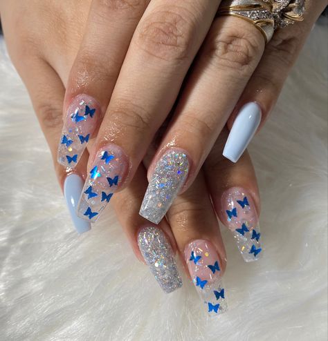 Nails 2023 Trends Butterfly, Transparent Butterfly Nails, Butterfly And Rhinestone Nails, Gel X Butterfly Nails, Nails Acrylic Butterfly Short, Cute Acrylic Nails With Butterflies, Incapcilated Butterfly Nails, Nail Acrylics With Gems, Nail Designs With Clear Nails