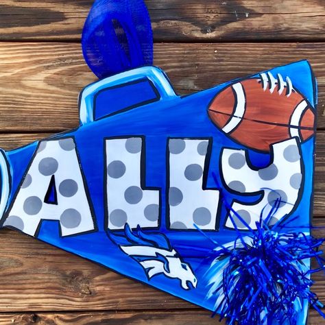 Megaphone Craft, Diy Door Hangers, Initial Door Hanger, Cheer Pom Poms, Wood Initials, Cheer Signs, Human Body Unit, Drill Team, Pumpkin Door Hanger