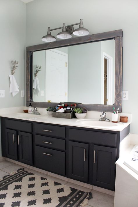 Master Bathroom Update on a $300 Budget — Tag & Tibby Design Bathroom Mirror Design, Diy Bathroom Makeover, Bathroom Update, Budget Bathroom, Grey Cabinets, Bath Room, Bathroom Remodel Master, Diy Bathroom, Bathroom Makeover