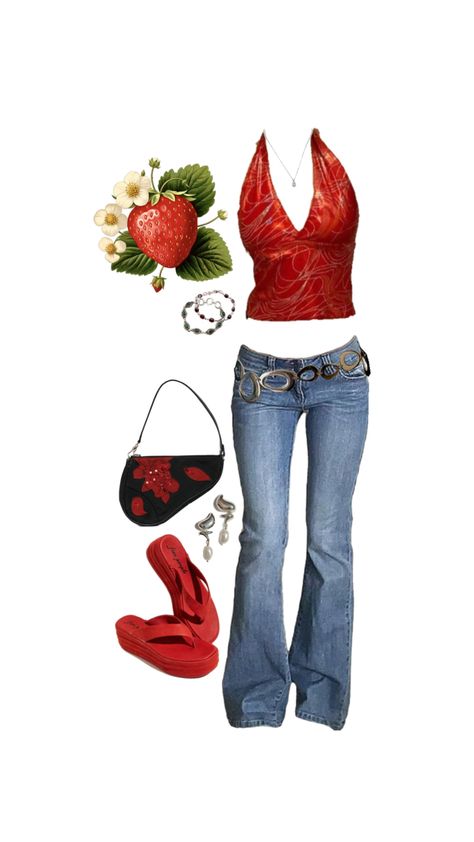 Y2K, saddle bad, red, strawberry outfit, 00s, ringbelt Red Y2k Outfit, Strawberry Outfit, Red Y2k, Red Strawberry, Fly Girl, Baddie Outfits, Strawberry Shortcake, Fashion Inspo Outfits, Saddle