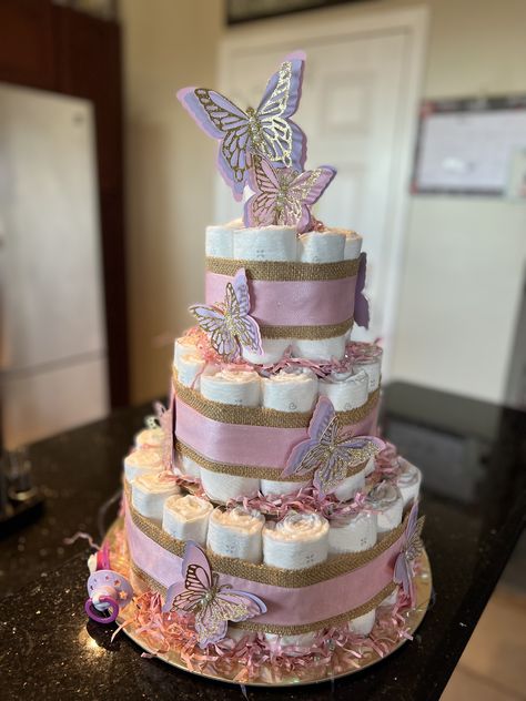 Butterfly Baby Shower Cake Ideas, Butterfly Diaper Cake For Baby Girl, Pastel Butterfly Baby Shower Ideas, Butterfly Baby Shower Centerpieces, Butterfly Baby Shower Cake, Butterfly Diaper Cake, Fairytale Baby Shower, Baby Shower Favors Diy, Pastel Baby Shower