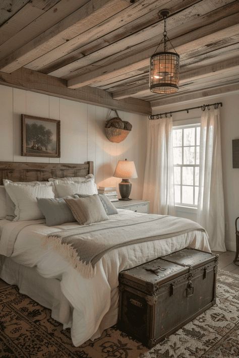 exposed wood farmhouse bedroom Rustic Country Bedrooms, Neutral Kids Bedroom, Rustic Bedroom Sets, Cozy Farmhouse Bedroom, Rustic Farmhouse Bedroom, Farmhouse Bedroom Decor Ideas, Cabin Bedroom, Playful Decor, Versatile Furniture