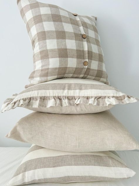 Affordable 100% OEKO-TEK certified (no nasty chemicals) Pure French Linen cushion covers.  Soft earthy tones of the latest trending patterns of Natural Gingham, Natural Wide Stripe and Natural linen.  Elegant ruffles to finish off a classic coastal look for your home.  Muted colors to enhance the look and feel of any setting.  Timeless home styling that's affordable for everyone! Gingham Linen, Natural Linen Fabric, Throw Pillows Christmas, French Linen, Luxury Linen, Soft Pillows, Linen Cushion, Bed Decor, Accent Pillow