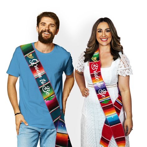 "Complete any Fiesta themed party with a matching Mexican serape sash for the Bride and Groom! This Mexican themed sash is great for Fiesta Bachelorette/Bachelor parties, and Bridal Showers, and rehearsal dinners. It also easily fits into a suitcase if you're traveling to Mexico for a destination vacation.  This beautiful sash is made from tightly woven cotton. The edges are finished with hot pink thread and the ends of the sash are decorated with adorable white pom pom trim. This sash is comple Baby Shower Mexicano, Fiesta Themed Party, Mexico Bachelorette Party, Traveling To Mexico, Mexican Bridal Showers, Bridal Shower Sash, Mexico Bachelorette, Bachelorette Party Sash, Mexican Baby Shower