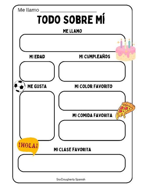 Spanish All About Me Practice- with Drawing Spanish All About Me, Spanish Therapy Worksheets, All About Me Spanish Worksheet, Elementary Spanish Worksheets, Spanish Articles Worksheet, Sel Activities In Spanish, Spanish For Kids Printables, Spanish Practice Worksheets, Spanish Preschool Activities