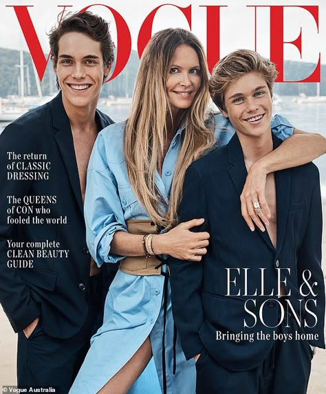 On sale now: Elle and her sons, Flynn and Cy, grace the cover of Vogue Australia's August issue in her first-ever family photo shoot Elle Macpherson Style, Elle Mcpherson, Vogue Magazine Covers, Elle Macpherson, Helena Christensen, Steven Meisel, Resort 2020, Beauty Guide, Family Shoot