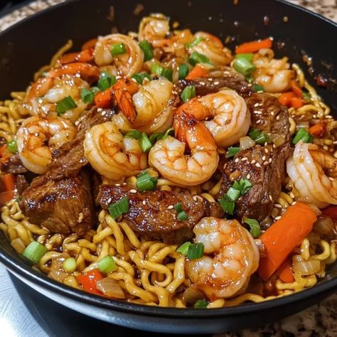 Shrimp & Teriyaki Steak Noodles - Forecipes Beef And Shrimp Lo Mein Recipe, Steak Bites And Shrimp Recipes, Sizzle Steak, Steak Noodles, Beef And Shrimp, Shrimp Teriyaki, Shrimp Lo Mein Recipe, Lunch Casserole, Shrimp Lo Mein