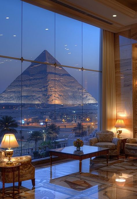 Comment where this is because i don’t know! Egypt Vibes Aesthetic, Hotel Vision Board, Pyramids Aesthetic, Pyramid Aesthetic, Luxury Hotel Aesthetic, Egyptian Palace, View From My Window, Egypt Aesthetic, Pyramids Egypt