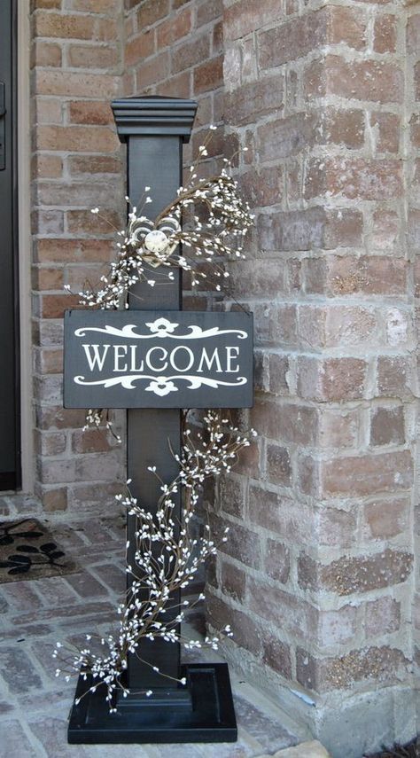 Decorative Post, Welcome Post, Porch Posts, Rustic Porch, Wood Post, Wood Rustic, Front Porch Decorating, Sign Post, Open The Door