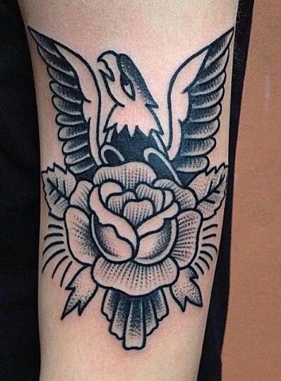 Eagle Rose Tattoo, Traditional Tattoos Black And White, Traditional Tattoos Black, Tattoos Black And White, Traditional Tattoo Black And White, Traditional Heart Tattoos, Rose Tattoo Stencil, White Eagle, Om Tattoo