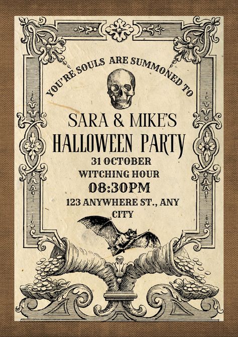 Set the Scene for a Haunting Night with this Vintage-Style Invitation. Capture the essence of Halloween past with this beautiful design perfect for any Halloween gathering. These printables offer an instant touch of sophistication and spookiness that your guests will adore. 5x7 invitation Customizing when you provide hosts names & details (time, address, date). Save paper & print 2 invitations in one sheet. Vintage Halloween Party Invitations, Adult Halloween Party Invitations, Vintage Halloween Printables, Vintage Halloween Party, Creepy Vintage, Vintage Coffee Cups, Halloween Cans, Elegant Halloween, Adult Halloween Party