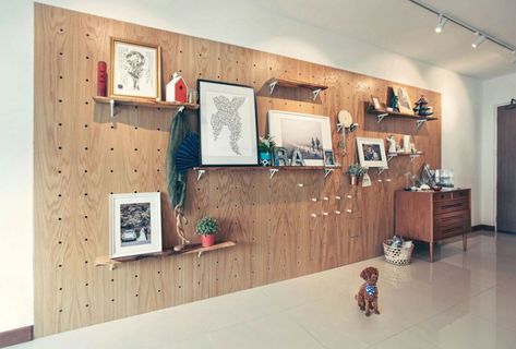 Pegboard and Dowels in a 4-room HDB flat | HelloEmbryo Alternatives To Drywall, Textured Wall Panels, Renovation Budget, Wall Panel Design, Wall Niche, Small Space Storage, Studio Interior, Vertical Storage, Built In Wardrobe