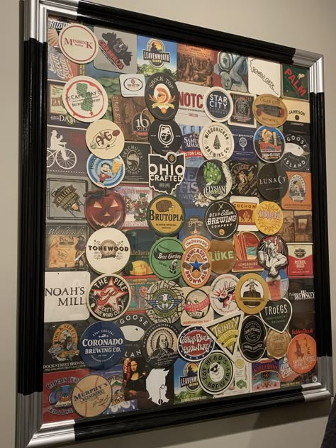 One idea to display those great memories of all the beers you’ve tasted!! Beer Coasters Diy Projects, Coasters Display Ideas, Travel Sticker Collection Display Ideas, Beer Coaster Display, Beer Sticker Display, Brewery Stickers Display, Coaster Wall Decor, Beer Mat Display, Brewery Sticker Display Ideas