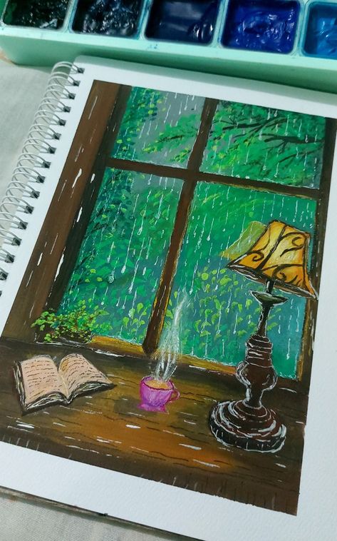 Rain on window. Gouache on paper. #myart #rain #art #painting #gouache #illustration #paint #fypシ゚#aesthetic Window Gouache Painting, Rain On Window, Rain Window, Gouache Illustration, Rain Art, Painting Gouache, Gouache Art, Art Aesthetic, Gouache Painting