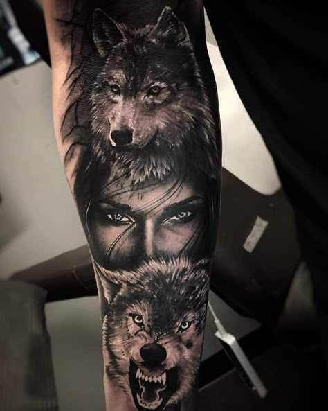 Witch And Wolf, Wolf Face Tattoo, Wolf Girl Tattoos, Baker Tattoo, Nordic Artwork, Calf Tattoos For Women, Portrait Tattoo Sleeve, Husky Tattoo, Tattoo Lines