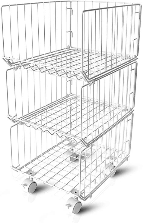 Pup joint Metal Wire Baskets, 3 Tiers Foldable Stackable Rolling Baskets Utility Shelf Unit Storage Organizer Bin with Wheels for Kitchen, Pantry, Closets, Bedrooms, Bathrooms Closets Bedrooms, Utility Shelves, Pantry Shelving, Stackable Storage Bins, Closet Organization Diy, Food Storage Container Set, Airtight Food Storage, Small Space Diy, Airtight Food Storage Containers