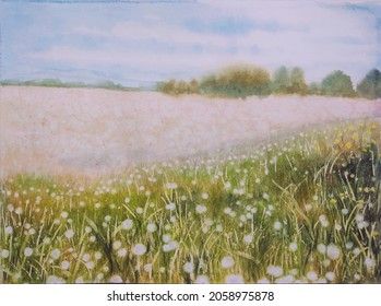 Dandelion Field Drawing, Field Of Dandelions Drawing, Dandelion Field Painting, Aesthetic Dandelion Drawing, Dandelion Aesthetic Art, Blowing Dandelion Drawing, A Field Of Dandelions, Dandelion Drawing, Gouache Art