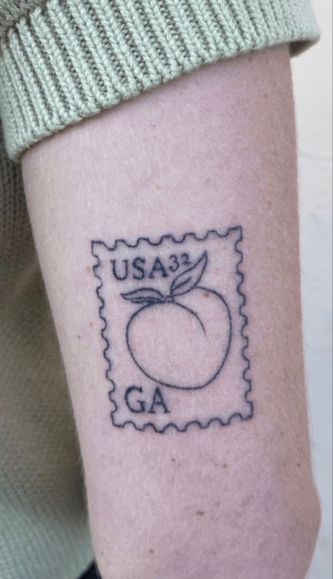 postage stamp tattoo United States Tattoo Ideas, Maryland Stamp Tattoo, Georgia State Tattoo Ideas, Georgia Themed Tattoo, Savannah Georgia Tattoo, Peach Postage Stamp Tattoo, Georgia Stamp Tattoo, Georgia State Tattoo, Georgia Tattoo For Women