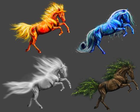 Elemental Horses - *Special prize* by Efirende Elements As Animals, Element Animals, Elemental Animals, Mythical Horses, Elements Animals, Kinds Of Animals, Mythical Animals, Fire Horse, Magical Horses