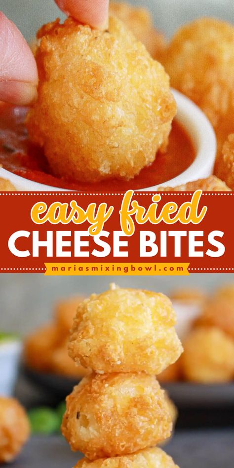 Looking for the best game day recipes? Here's an easy appetizer recipe for a crowd! Everyone will enjoy these crispy fried cheese bites that are full of bold flavor. Check out what to serve with these baked cheese bites for a fun party snack! Iowa Party Bites, Baked Cheese Bites, Funky Recipes, Savory Appetizers Easy, Fried Cheese Curds Recipe, Fried Cheese Bites, Cheese Curds Recipe, Cheese Bites Recipe, Recipe For A Crowd