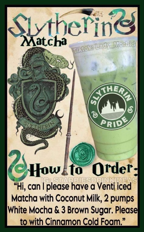 Draco Malfoy Starbucks Drink, Slytherin Starbucks Drink, Starbucks Drinks Harry Potter, Starbucks Drinks Characters, Harry Potter Starbucks Drink, Halloween Starbucks Drinks, Starbucks Halloween Drinks, Harry Potter Drinks, Starbucks Drink Menu