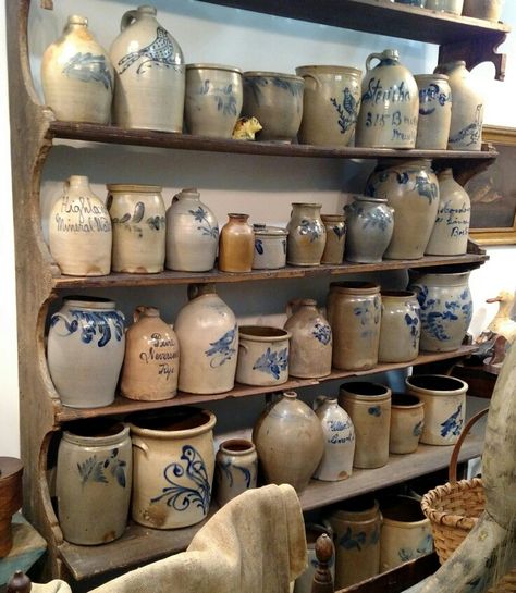 Early American Stoneware Collection Old Crock Decorating Ideas, Crock Decorating Ideas, Old Crock, Antique Stoneware Crocks, Country Crock, Antique Crocks, Old Crocks, Vintage Crock, Stoneware Crocks