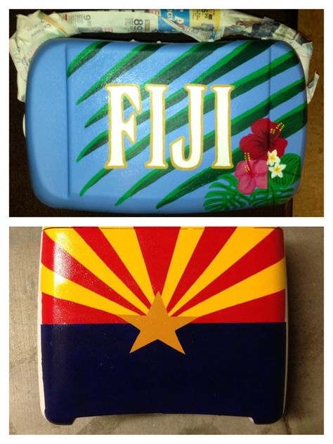 Cooler I've been crafting for Fiji Islander formal! Fiji Frat, Mountain Weekend Cooler, Canvas Sorority, Cooler Connection, Formal Cooler Ideas, Fraternity Coolers, Coolest Cooler, Recruitment Sorority, Windmill Decor