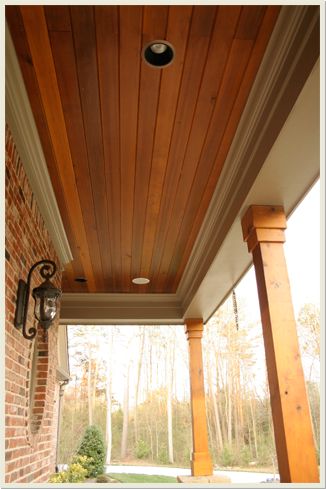 Western Red Cedar tongue and groove Porch Ceiling Design, House Columns, Cedar Paneling, Tongue And Groove Ceiling, Porch Remodel, Porch Ceiling, Porch Columns, Porch Posts, Wooden Ceiling