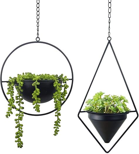 Amazon.com : HemePaha Metal Hanging Planters, Set of 2 Black Diamond and Round Geometric Plant Hanger with Pot, Modern Wall and Ceiling Planter for Indoor Outdoor Home Décor( Round and Diamond, Black)… : Patio, Lawn & Garden Ceiling Planter, Metal Plant Hangers, Metal Flower Pots, Metal Hanging Planters, Window Plants, Hanging Planters Indoor, Hanging Plant Holder, Indoor Herb Garden, Plant Stand Indoor