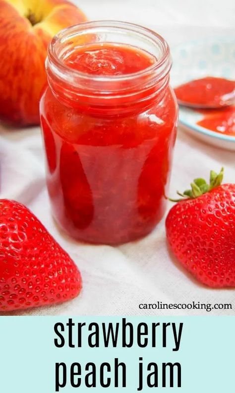 This strawberry peach jam is a true taste of summer. Easy to make, with less sugar than your typical jam, it's perfect on toast and so much more. Without pectin. #jam #canning #strawberry #peach Strawberry Peach Jelly, Strawberry Peach Jam Recipe, Strawberry Peach Recipes, Strawberry Peach Jam Canning, Peach Canning Ideas, Pectin Substitute, Peach Recipes For Canning, Strawberry Peach Jam, Canning Jams