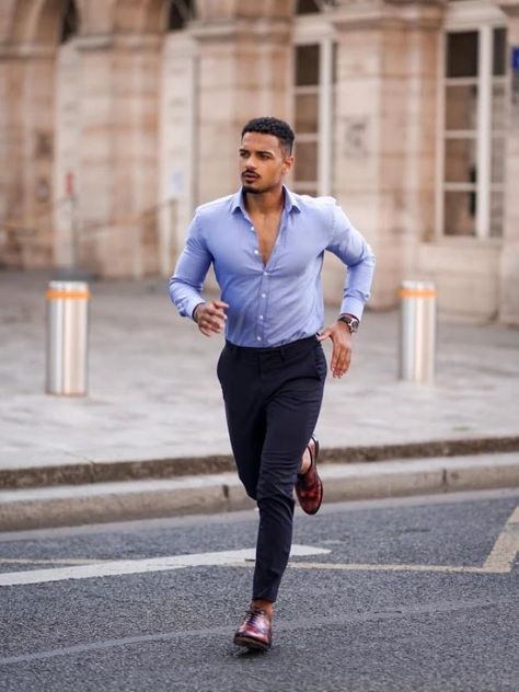 Blue Shirt Combination, Blue Shirt Black Pants, Office Wear Outfit, Job Outfits, Navy Blue Dress Shirt, Black Pants Outfit, Navy Blue Dress Pants, Shirt Outfit Men, Tropical Outfit