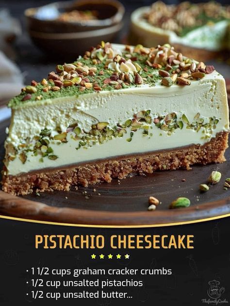 Pistachio Cheesecake, Pistachio Recipes, Cream Cheesecake, Pistachio Cream, Jamie Oliver Recipes, Graham Cracker, Graham Cracker Crumbs, Food Cakes, Decadent Desserts