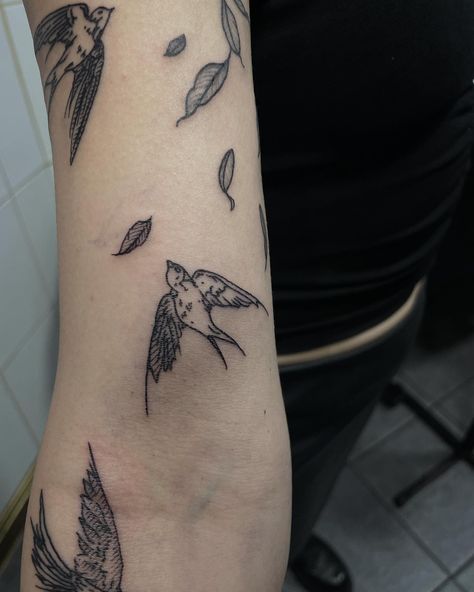 Birds + retouch on flower outlines Muchas gracias Camila . . . . . #tattoo #tattooartist #bird #birdtattoo #engravingtattoo #ukengravers #nationalgeographic #swallowtattoo #oldschoolgetsblack #tattooedgal #nature #blackwork #blackworksrtist #scientificillustration #girlytattoo Moon Eye Tattoo, Robin Tattoo, Engraving Tattoo, Swallow Tattoo, Flower Outline, Girly Tattoos, Scientific Illustration, Eye Tattoo, Birds Tattoo