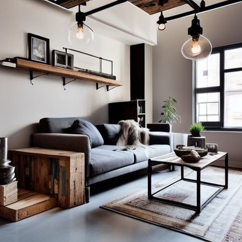 Minimalist Living Room Industrial, Industrial Living Room Interior Design, Small Living Room Ideas Industrial, Rustic Minimal Living Room, Modern Industrial Lounge Room, Modern Minimal Living Room Ideas, Living Room Inspo Industrial, Men’s Living Room Apartment, Industrial Beige Living Room