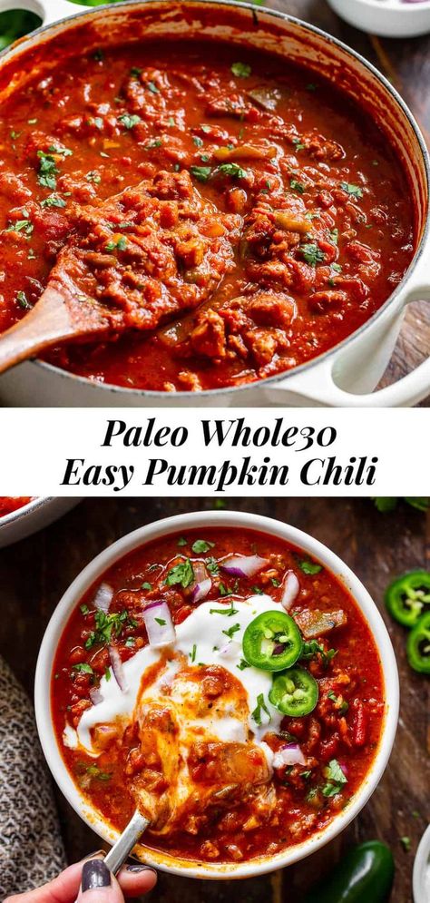 This easy one-pot paleo pumpkin chili can be made with your favorite ground meat, it's hearty, satisfying, healthy and Whole30. #paleo #cleaneating #whole30 #chili #pumpkin Paleo Pumpkin Chili, Dairy Free Keto, Pumpkin Chili Recipe, Paleo Chili, Paleo Soup, Chili Ingredients, Pumpkin Chili, Paleo Pumpkin, One Pot Meal