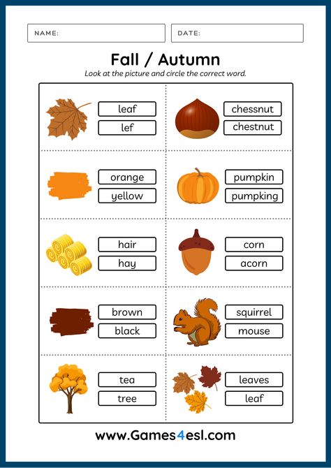 Fall Worksheets For Kids, Fall Vocabulary, Vocabulary In English, Fall Worksheets, Teach English To Kids, Esl Vocabulary, Esl Classroom, Language Worksheets, Kids English