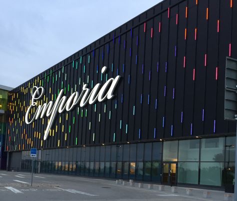 Emporia, Swedish mall Architecture Architect: Gert Wingårdh Retail Mall Facade, Mall Facade Design Architecture, Mall Facade Design, Nightclub Design Lighting, Mall Architecture, Cafe Design Inspiration, Restaurant Exterior Design, Mall Facade, Retail Facade