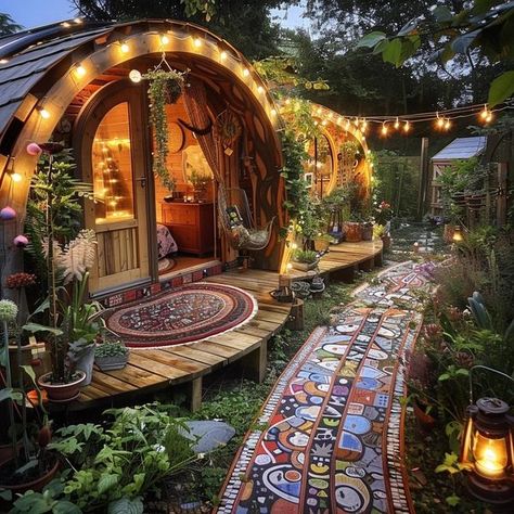 Boho Outdoor Space, Colorful Patio, Boho Outdoor, Tiny Cabins, Unique Houses, Book Nooks, Dream Home Design, Glamping, Exterior Design