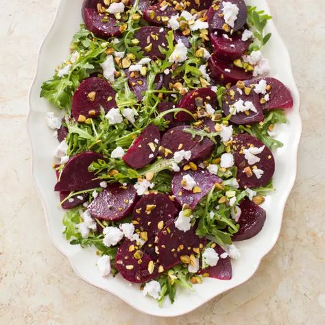 Roasted Beet Salad with Goat Cheese and Pistachios | America's Test Kitchen Beet Salad With Goat Cheese, Roasted Beets Recipe, Crumbled Goat Cheese, Salad With Goat Cheese, Donut Toppings, Roasted Beet Salad, Cookie Toppings, Lemon Tahini Dressing, Caramel Tart