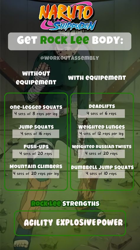 Embody the strength, agility, and speed of Rock Lee from Naruto with this focused workout routine. Develop powerful legs, a strong core, and upper body endurance with a mix of bodyweight and weighted exercises. Push your limits and train like a true ninja warrior!   Rock Lee workout, Naruto fitness, ninja training, agility exercises, leg strength, core workout, explosive power, anime-inspired fitness, functional training, martial arts fitness. Naruto Workout Routine, Explosive Strength Workout, Anime Leg Workout, Rock Lee Workout, Anime Inspired Workouts, Rock Lee Training, Anime Workout Routine, Naruto Workout, Workouts Anime