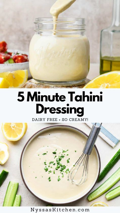 This creamy, easy-to-make tahini dressing is the new homemade sauce recipe you'll love having in your back pocket! Bright and nutty, it's the perfect addition to salads, grain bowls, roasted vegetables, or a simple protein. Gluten free, vegan option, Whole30 option. Salad Dressing Creamy, Tahini Vinaigrette, Tahini Salad, Tahini Salad Dressing, Tahini Dressing Recipe, Healthy Dressing, Homemade Tahini, Vegan Salad Dressing, Homemade Sauce Recipes