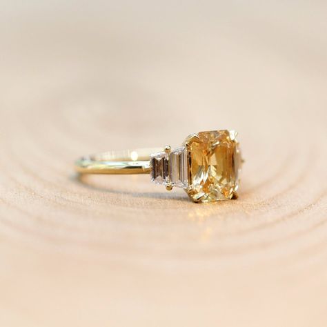 Art Deco Yellow Diamond Ring, Apricot Sapphire Ring, Trapezoid Diamond Ring, Yellow Sapphire Diamond Ring, Yellow Wedding Ring, Engagement Ring Yellow Diamond, Yellow Diamond Engagement Rings, Engagement Rings Yellow, Ring Yellow Diamond