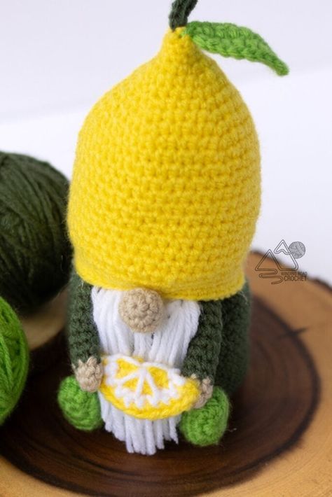 Crochet Lemon Gnome Free Crochet Pattern - Winding Road Crochet Free Gnome Crochet Pattern, Crochet Gnomes Free Pattern Easy, Crochet Gnomes Free Pattern, Lemon Gnome, Crocheted Gnomes, Crochet Lemon, Winding Road Crochet, Crochet Gnomes, Towel Toppers