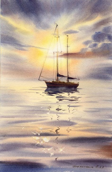 Eugenia Gorbacheva - Paintings for Sale | Artfinder Eugenia Gorbacheva, Boat Watercolor Painting, Watercolour Sunset, Ship Watercolor, Sunset Watercolor Painting, Boat Watercolor, Art Mini Toile, Watercolor Boat, Sunset Watercolor