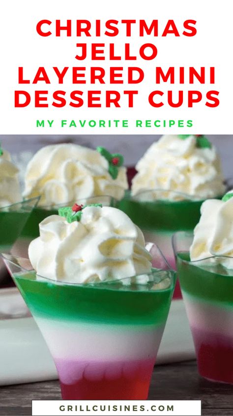 Brighten up your holiday table with Christmas Jello Layered Mini Dessert Cups! These festive cups feature vibrant red and green jello layers topped with creamy whipped topping, perfect for a holiday party or family gathering. Fun, easy to make, and sure to impress with every colorful layer! Christmas Layered Jello, Christmas Gelatin Desserts, Christmas Jello Mold, Jello Layers, Jello Dessert Cups, Ribbon Jello, Jello Recipes Christmas, No Bake Christmas Desserts, Holiday Jello Shots