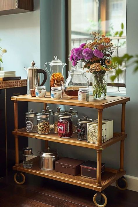 Tea Station Ideas: Creative and Cozy Setups for Tea Lovers Kitchen Tea Station Ideas, Tea Station Ideas, Corridor Ideas, Vintage Tea Cart, Tea Corner, Homestead Decor, Poetry Tea Time, Favorite Aesthetic, Coffee Station Kitchen