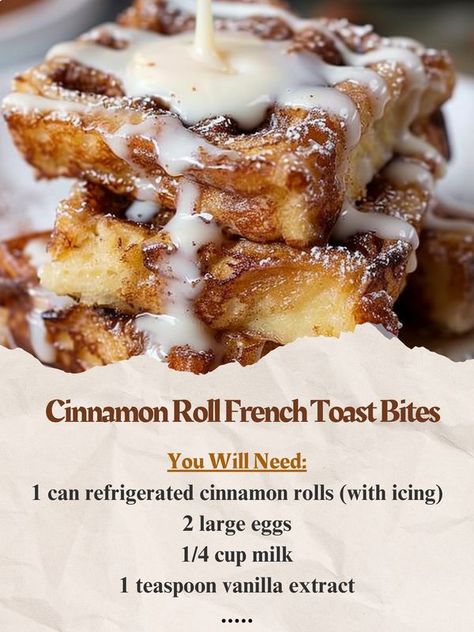 Grandma’s Easy Recipes | Cinnamon Roll French Toast Bites | Facebook Cinnamon Rolls With Icing, Apartment Recipes, French Toast Bites, Cinnamon Roll French, French Toast Roll Ups, Cinnamon Roll French Toast, French Toast Muffins, Brunch Ideas, Cinnamon Roll