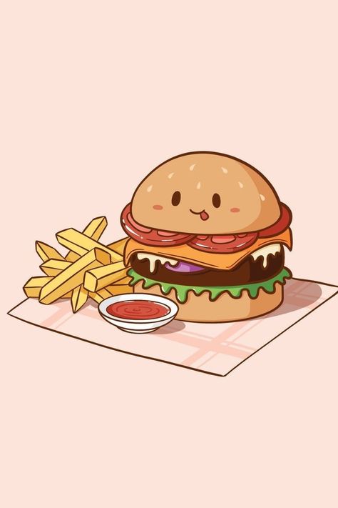 Hamburger Drawing, Food Drawing Easy, Cute Hamburger, Procreate Easy, Photo Kawaii, Peanut Butter And Banana, Food Doodles, Food Cartoon, Images Kawaii