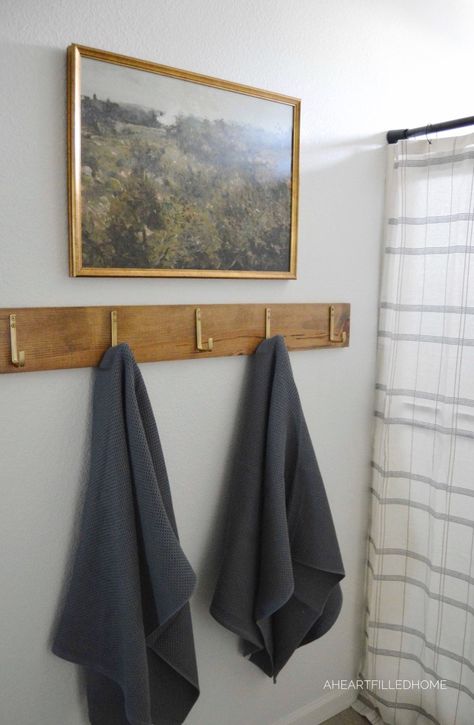 Bedroom Towel Rack, Half Bathroom Ideas Gold Accents, Fixer Upper Bathroom Ideas, Bathroom Towel Hanging Ideas, Towel Hanging Ideas, Builder Grade Bathroom, Boy Bathroom, Miller House, Bathroom Towel Hook